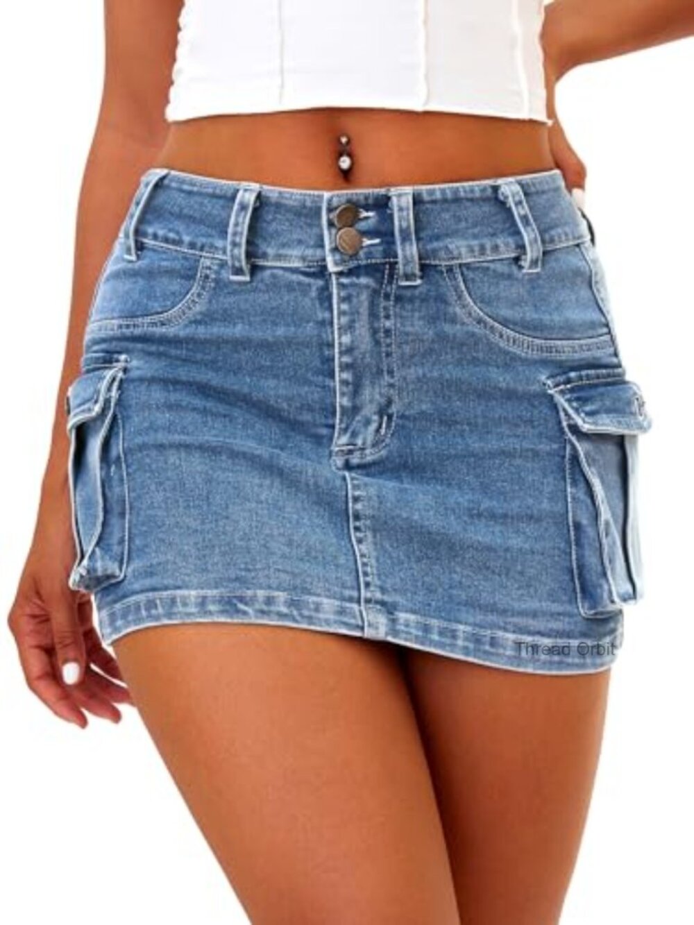 High Stretch Cotton Denim Mini Skirt with Pockets Y2K Low Rise Bodycon